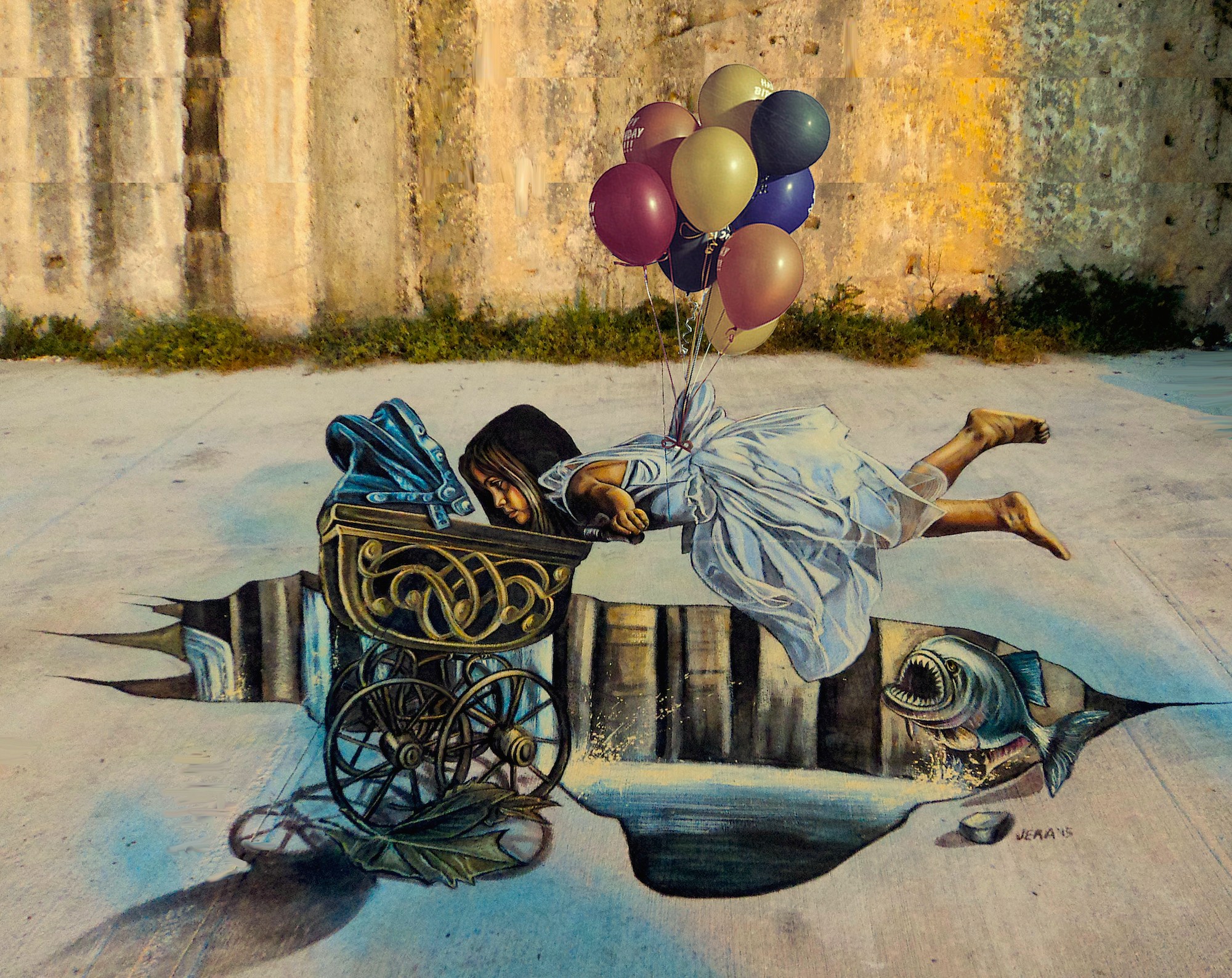 verabugatti streetart arteurbana illusioniottiche 3Dstreetart anamorfosi anamorfico anamorphic illusions urbanart madonnari3D pavementart 3Dstreetart 3Dstreetpainting environment thereisnotplanetb floatingillusion flyingillusion floatingwithbaloons piranha scary mistero migrants travelling roots
