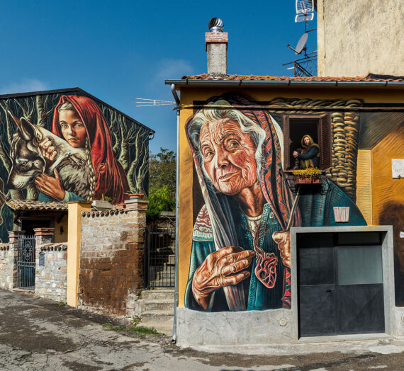 My environmentalist Little Red Riding Hood on two walls in Italy